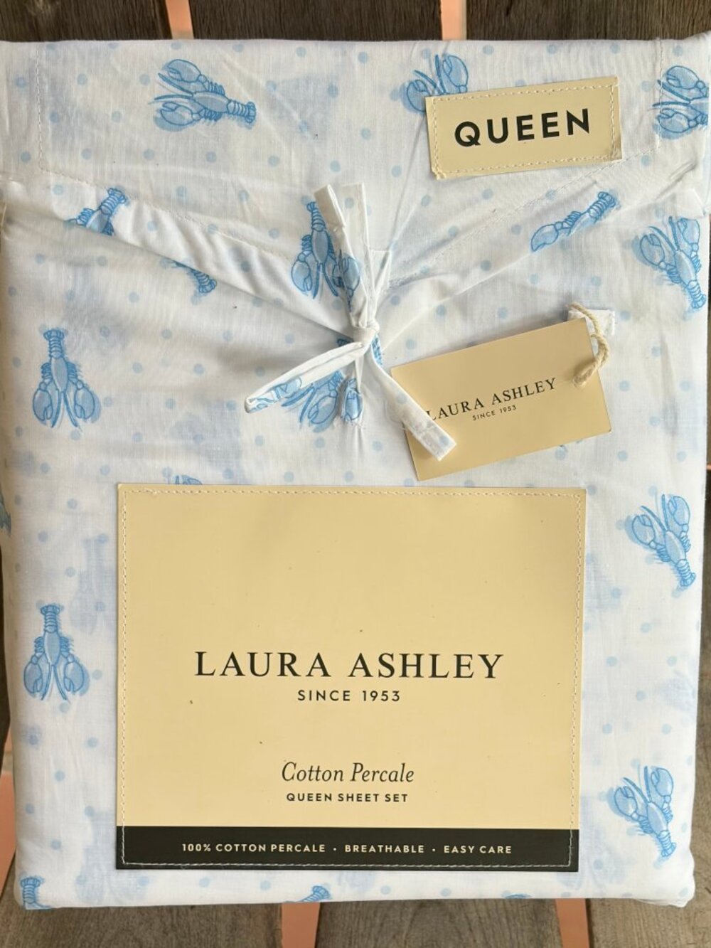 Laura Ashley Queen Size Blue Lobster Cotton Sheet Set crisp cotton percale